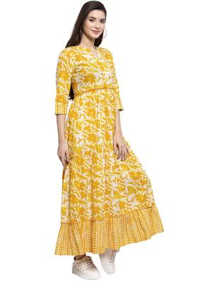 Yellow printed cotton long-dresses 3