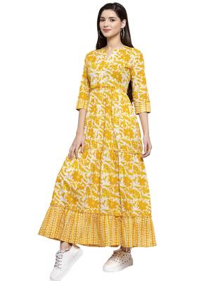 Yellow printed cotton long-dresses 4