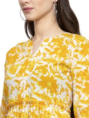 Yellow printed cotton long-dresses 5