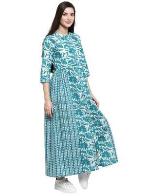 Turquoise printed cotton long-dresses 3