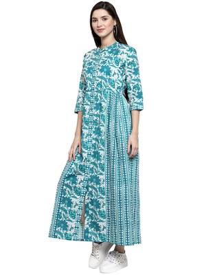Turquoise printed cotton long-dresses 4