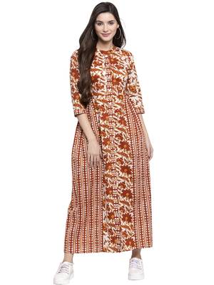 Indibelle Brown printed cotton long-dresses 1
