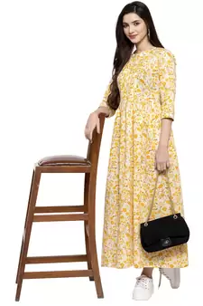 Yellow printed cotton long-dresses