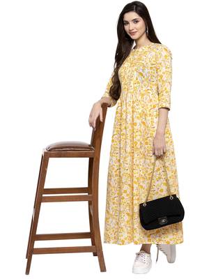 Yellow printed cotton long-dresses 5