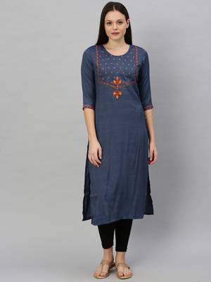 Navy-blue embroidered rayon ethnic-kurtis 1