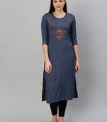 Navy-blue embroidered rayon ethnic-kurtis