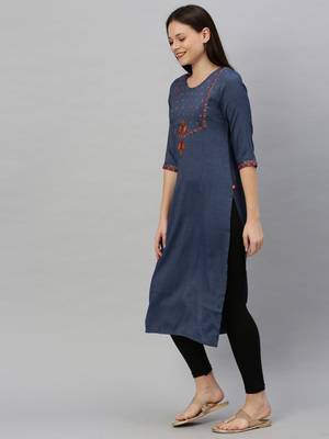 Navy-blue embroidered rayon ethnic-kurtis 4