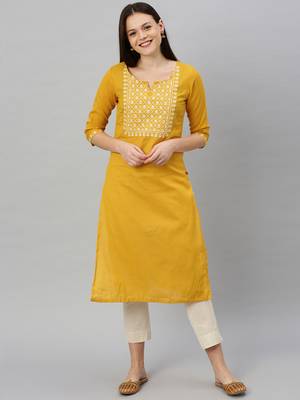 Mustard embroidered cotton ethnic-kurtis 1