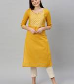 Mustard embroidered cotton ethnic-kurtis