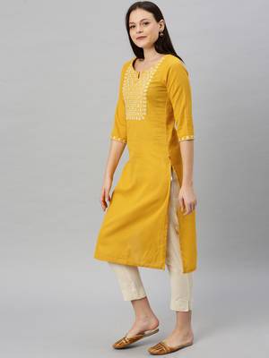 Mustard embroidered cotton ethnic-kurtis 4