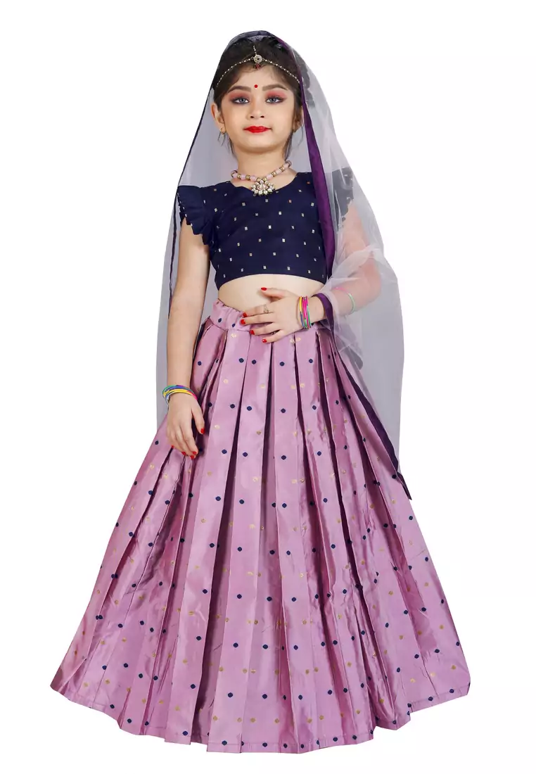 Kids Cotton Silk Blue Blouse And Pink Lehenga Choli Set 