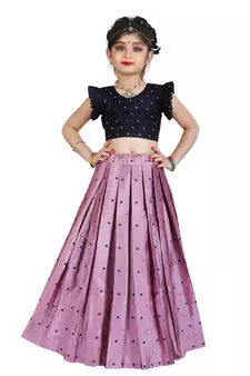 Kids Cotton Silk Blue Blouse And Pink Lehenga Choli Set 