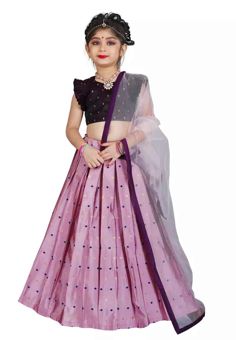 Kids Maroon Blouse And Pink Lehenga Choli Set For Girls 