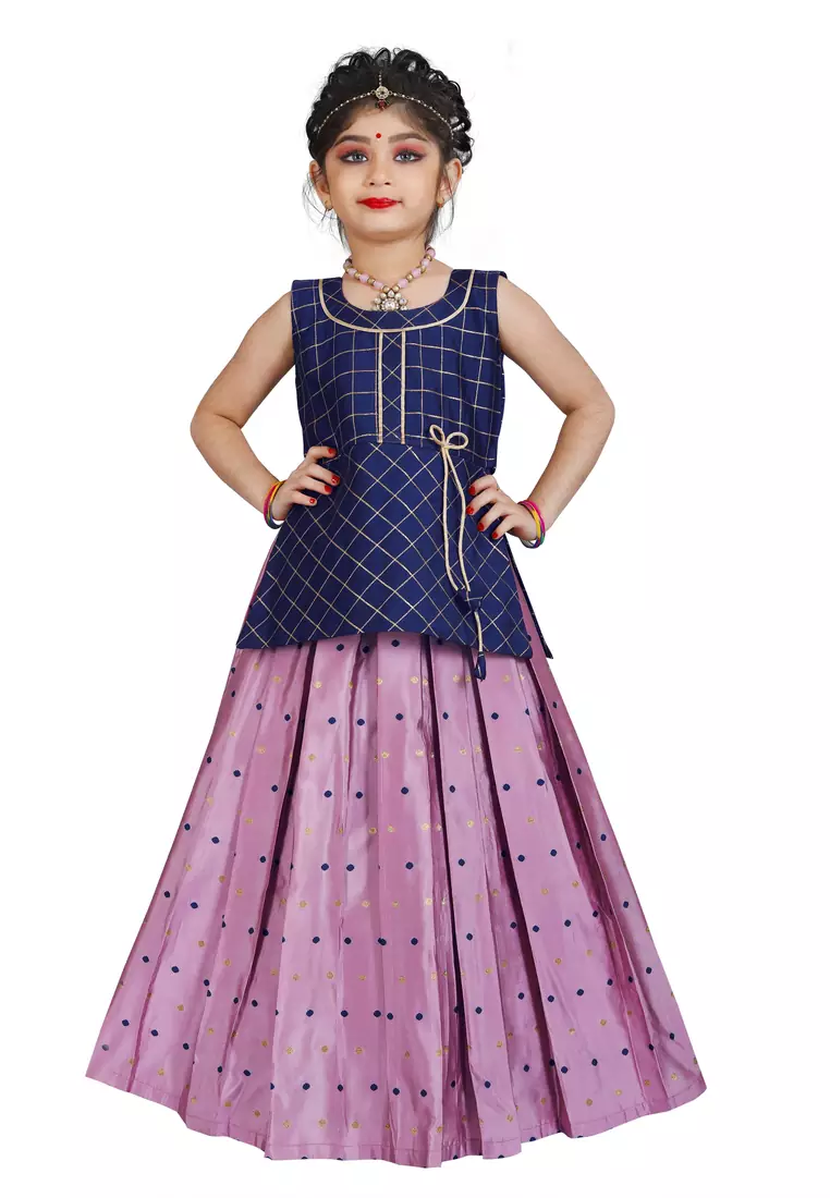 Kids Blue Top And Pink Lehenga Choli Set For Girls 