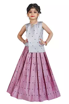 Kids Cotton Silk Silver Top And Pink Lehenga Choli Set 
