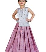 Kids Cotton Silk Silver Top And Pink Lehenga Choli Set 