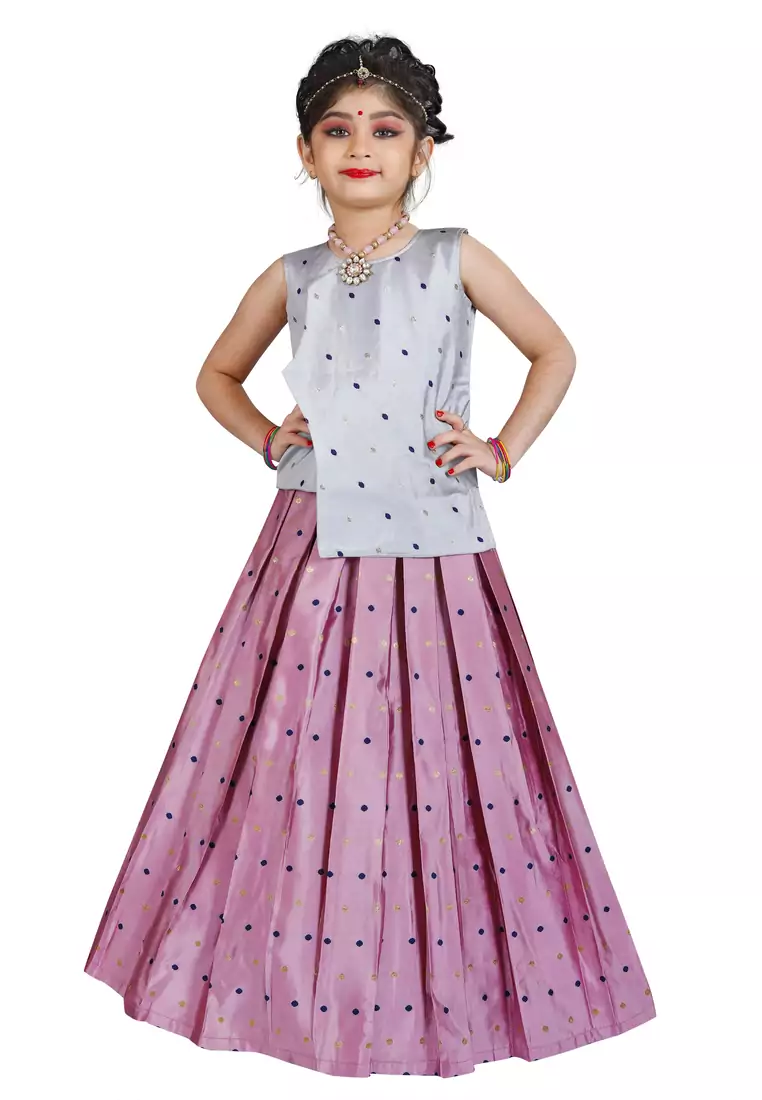 Kids Cotton Silk Silver Top And Pink Lehenga Choli Set 