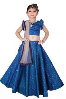 Kids Cotton Silk Royal Blue Lehenga Choli Set For Girls 