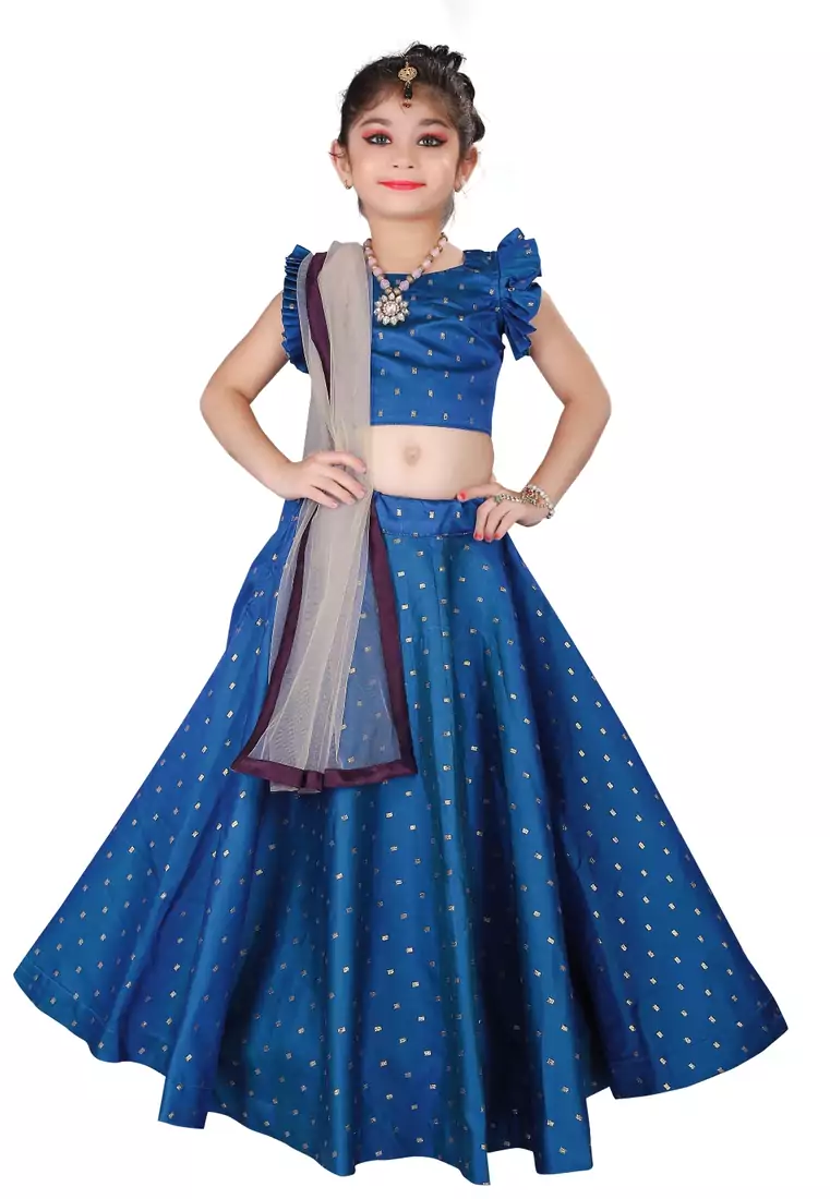 Kids Cotton Silk Royal Blue Lehenga Choli Set For Girls 