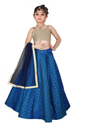 Kids Royal Blue Cotton Silk Lehenga Choli Set For Girls  1
