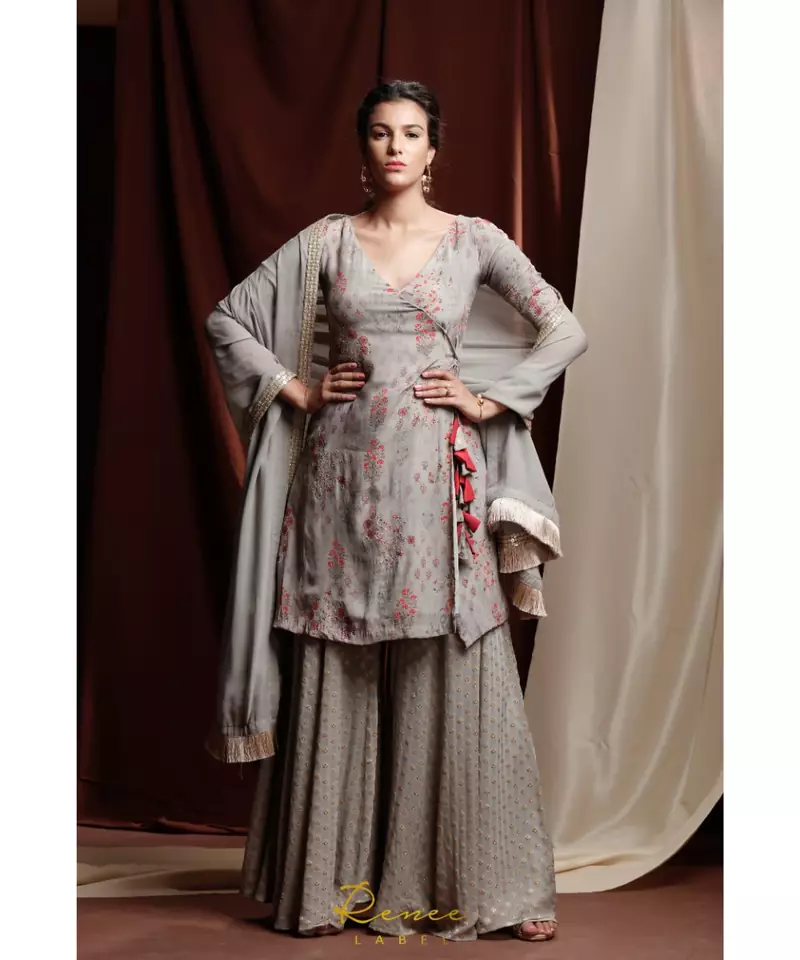 grey embroidered crepe kurta sets