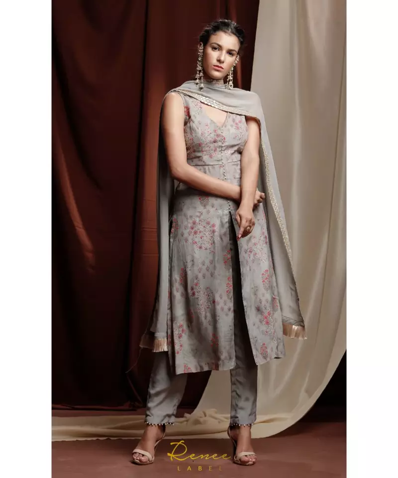 grey embroidered crepe kurta sets