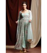 turquoise embroidered georgette kurta sets