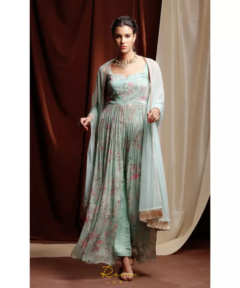 turquoise embroidered georgette kurta sets