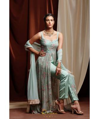 turquoise embroidered georgette kurta sets 2