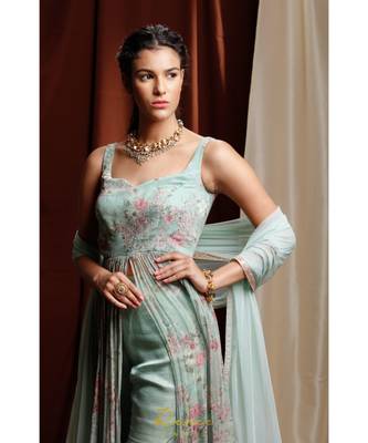 turquoise embroidered georgette kurta sets 4