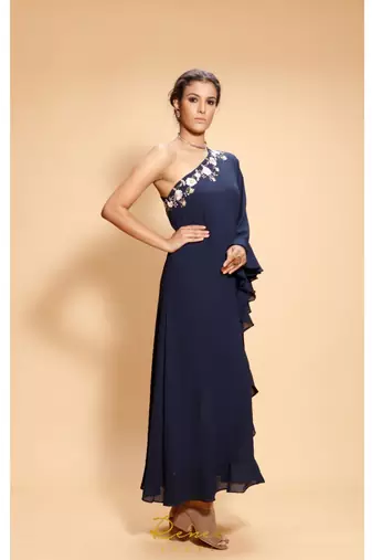 blue embroidered georgette kurta sets