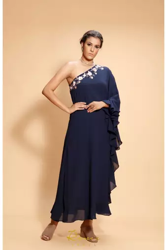 blue embroidered georgette kurta sets