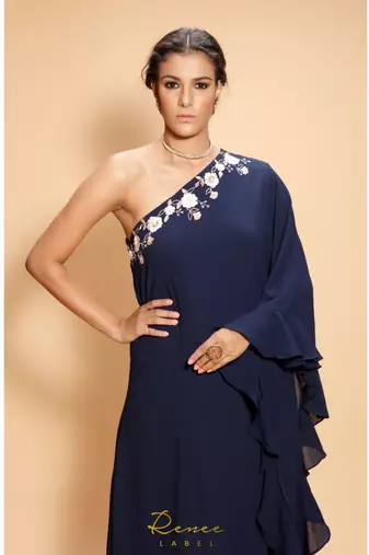 blue embroidered georgette kurta sets