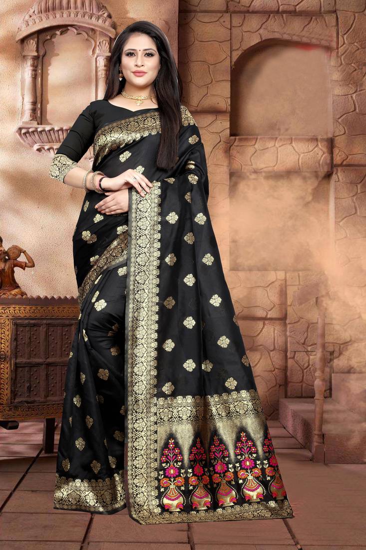 Black hand woven banarasi silk saree with blouse OM SAI TRADING