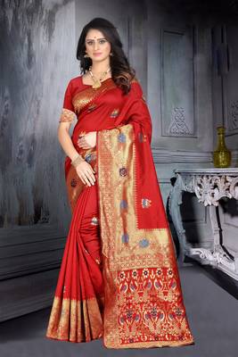 Red hand woven banarasi silk saree with blouse 1
