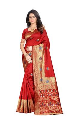 Red hand woven banarasi silk saree with blouse 2