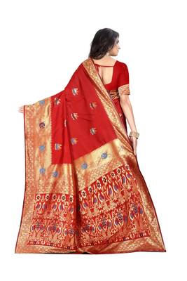 Red hand woven banarasi silk saree with blouse 4