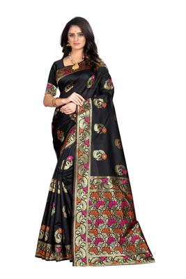 Black hand woven banarasi silk saree with blouse 2