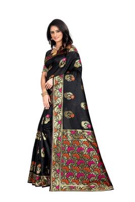 Black hand woven banarasi silk saree with blouse 3