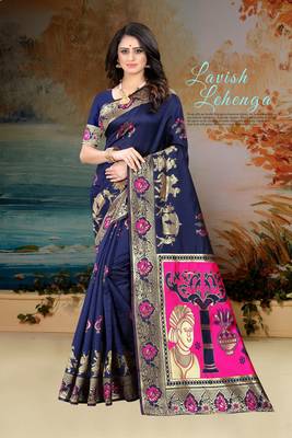 Navy blue hand woven banarasi silk saree with blouse 1