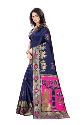 Navy blue hand woven banarasi silk saree with blouse 3