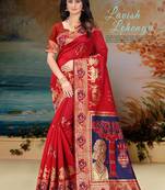 Red hand woven banarasi silk saree with blouse