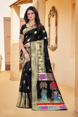 Black hand woven banarasi silk saree with blouse 1