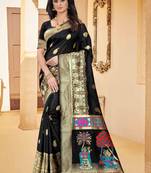 Black hand woven banarasi silk saree with blouse