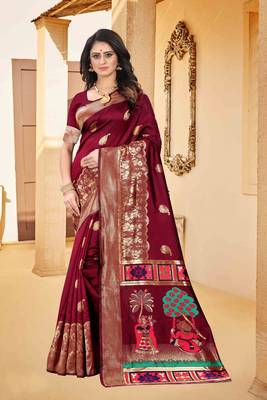 Maroon hand woven banarasi silk saree with blouse 1