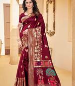 Maroon hand woven banarasi silk saree with blouse