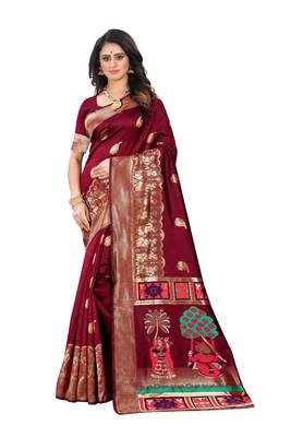Maroon hand woven banarasi silk saree with blouse 2