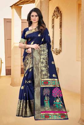 Navy blue hand woven banarasi silk saree with blouse 1