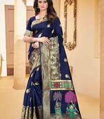 Navy blue hand woven banarasi silk saree with blouse