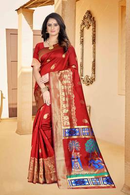 Red hand woven banarasi silk saree with blouse 1